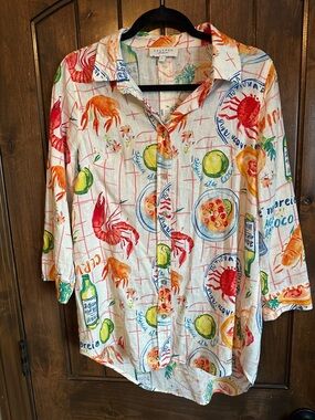 Calypso St. Barth White Linen Button-Up Seafood & Citrus Print Shirt